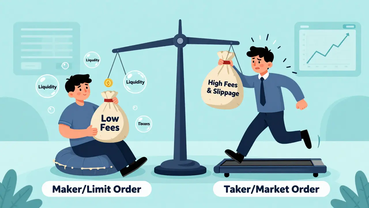 Illustration comparing maker and taker roles using a balance scale metaphor