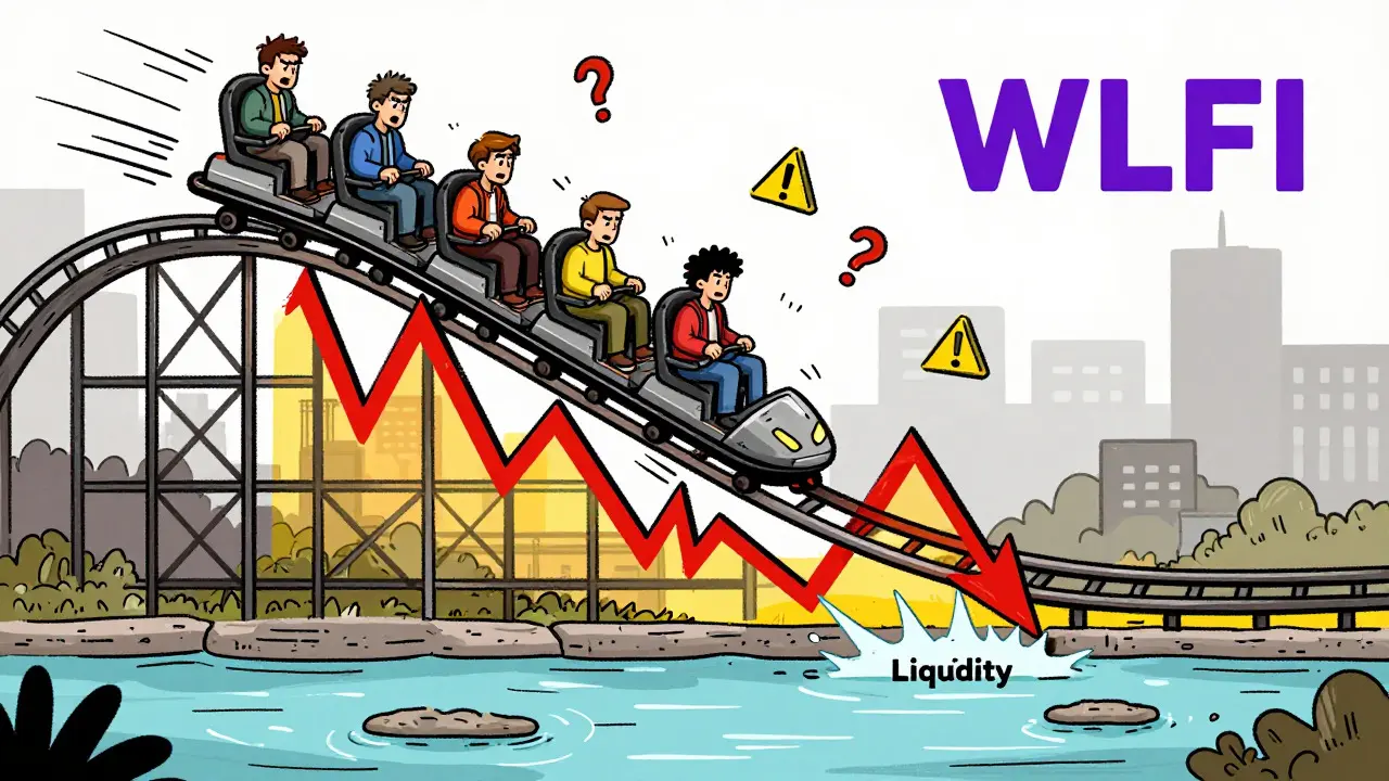 Illustration of investors on a volatile rollercoaster chart above low liquidity waters.