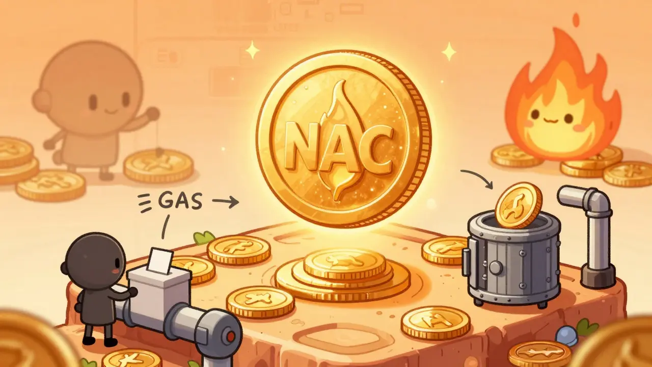 Illustration of NAC token with icons for voting, staking, and burning mechanisms.