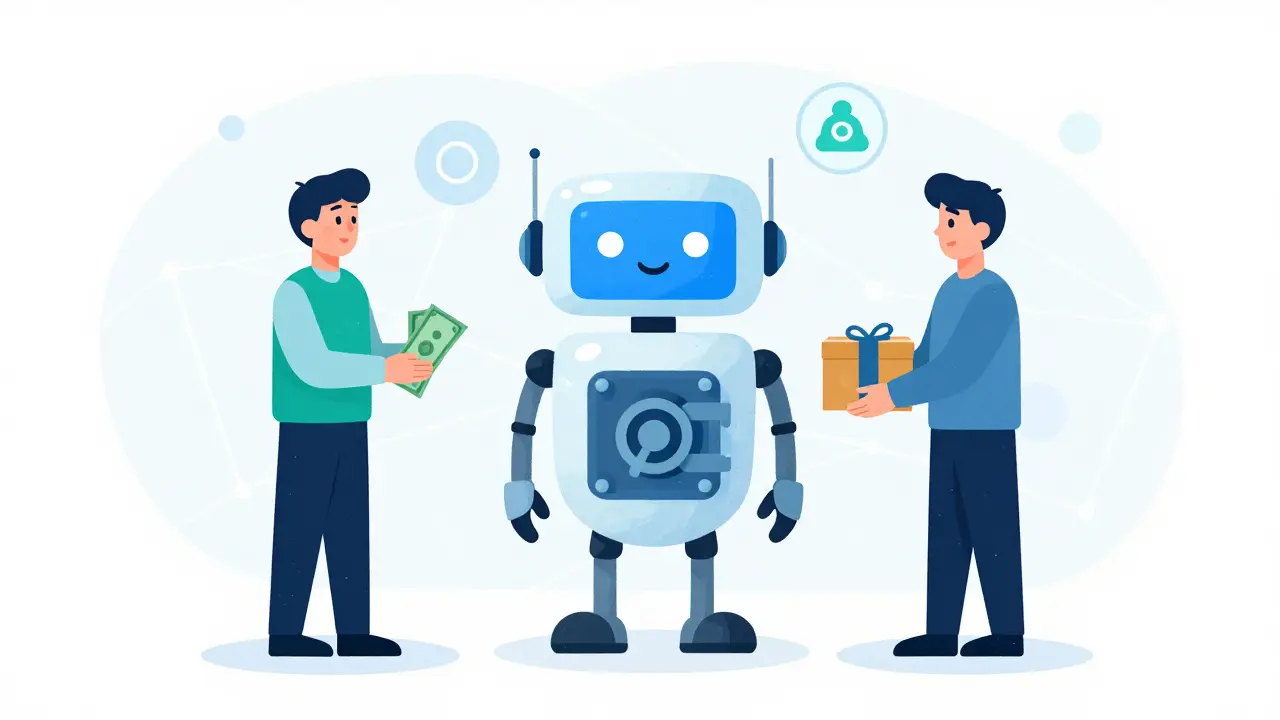 Illustration of robot escrow service securing crypto transaction