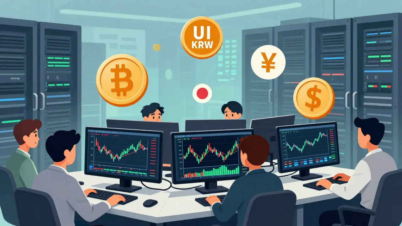 Illustration of traders analyzing Asian fiat pairs and crypto charts