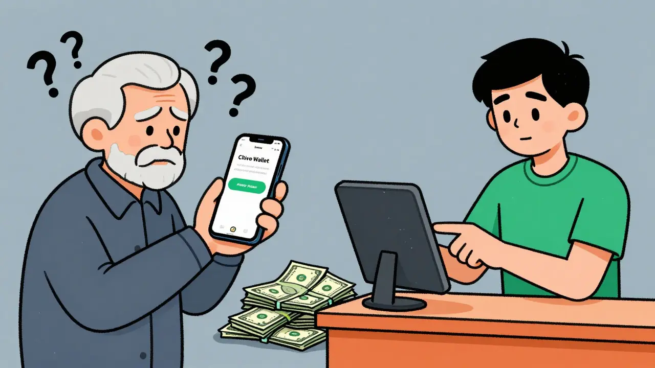 Illustration showing an elderly person confused by crypto app while youth use it easily near cash.