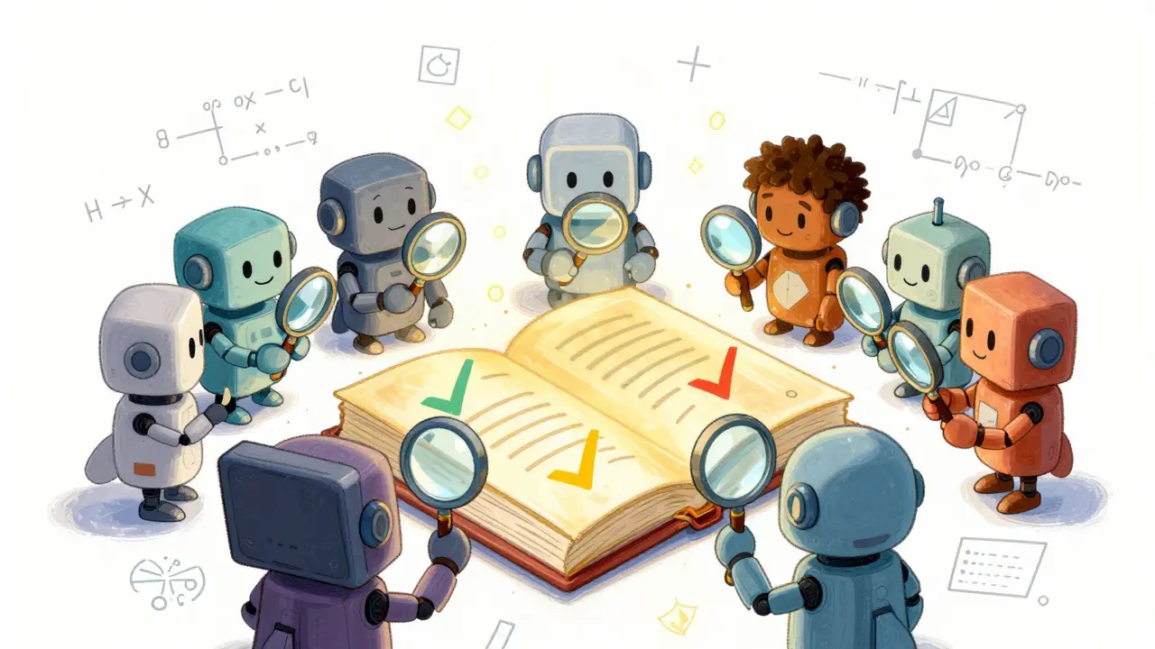 Nodes collaboratively verifying a blockchain ledger with magnifying glasses