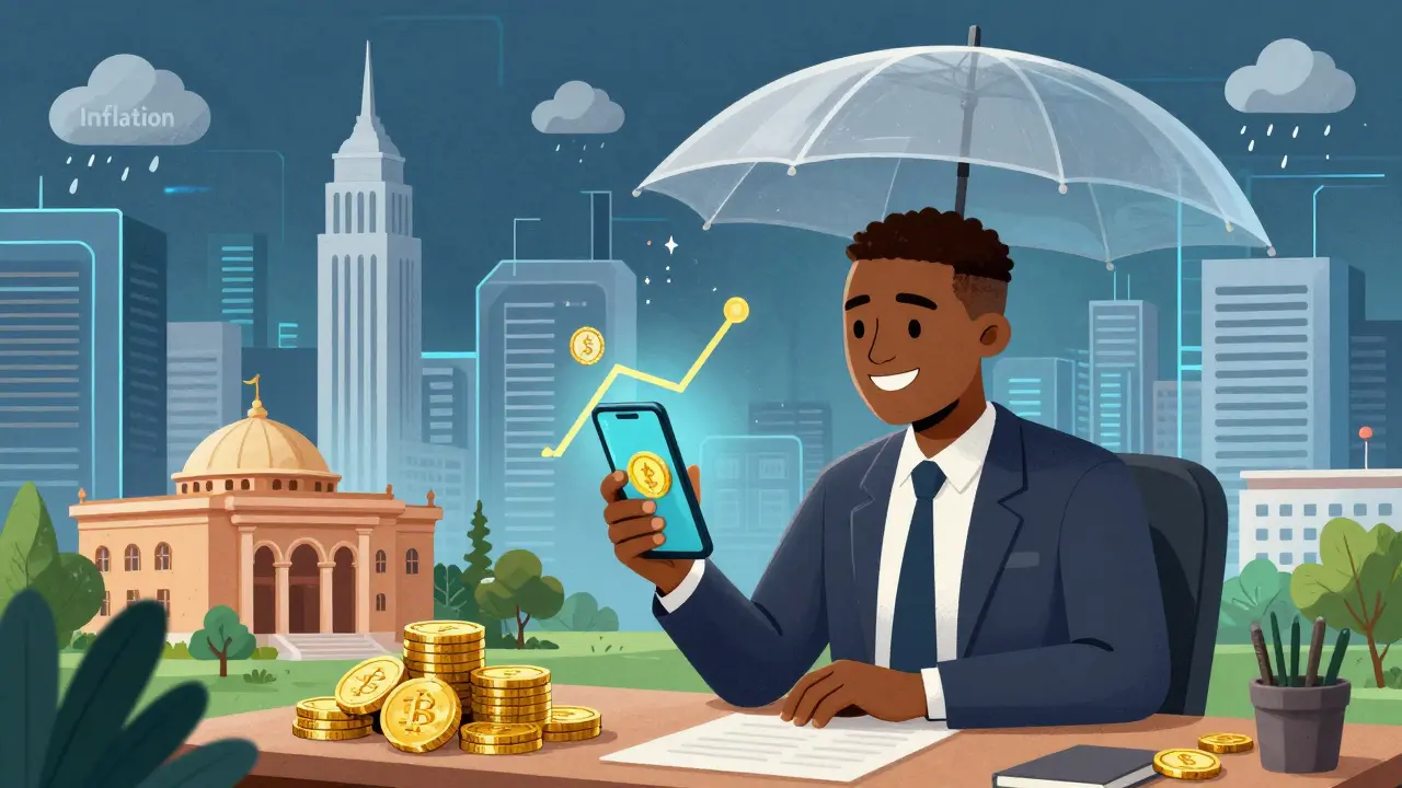 Professional protecting savings from inflation via stablecoins on phone