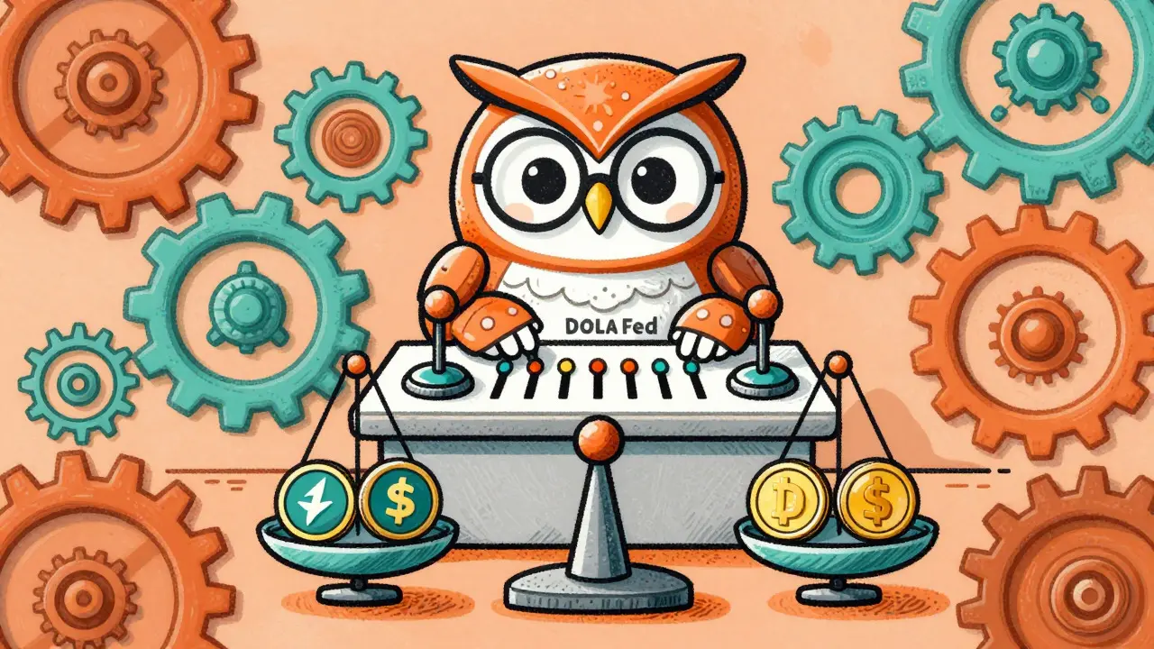 Robot owl managing stablecoin peg with balanced scales