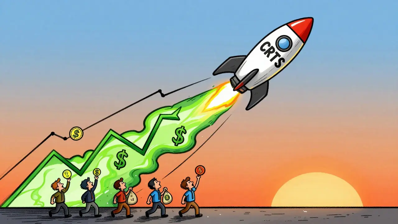 Rocket launching past rising stock chart representing token price surge