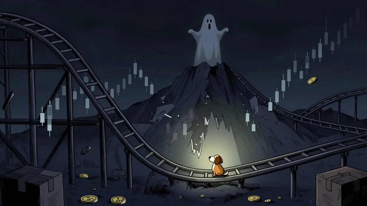 Rollercoaster crashing down with a tiny dog at the bottom