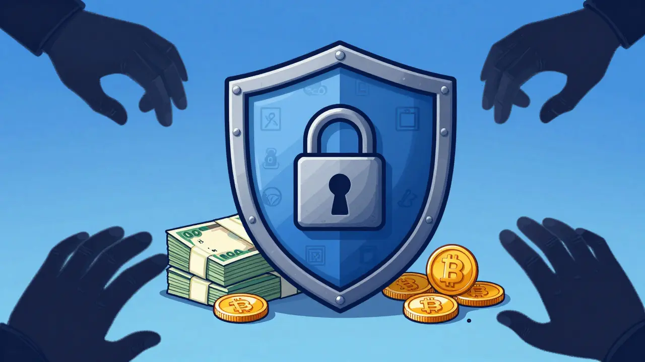 Shield protecting money and crypto from shadowy scam hands