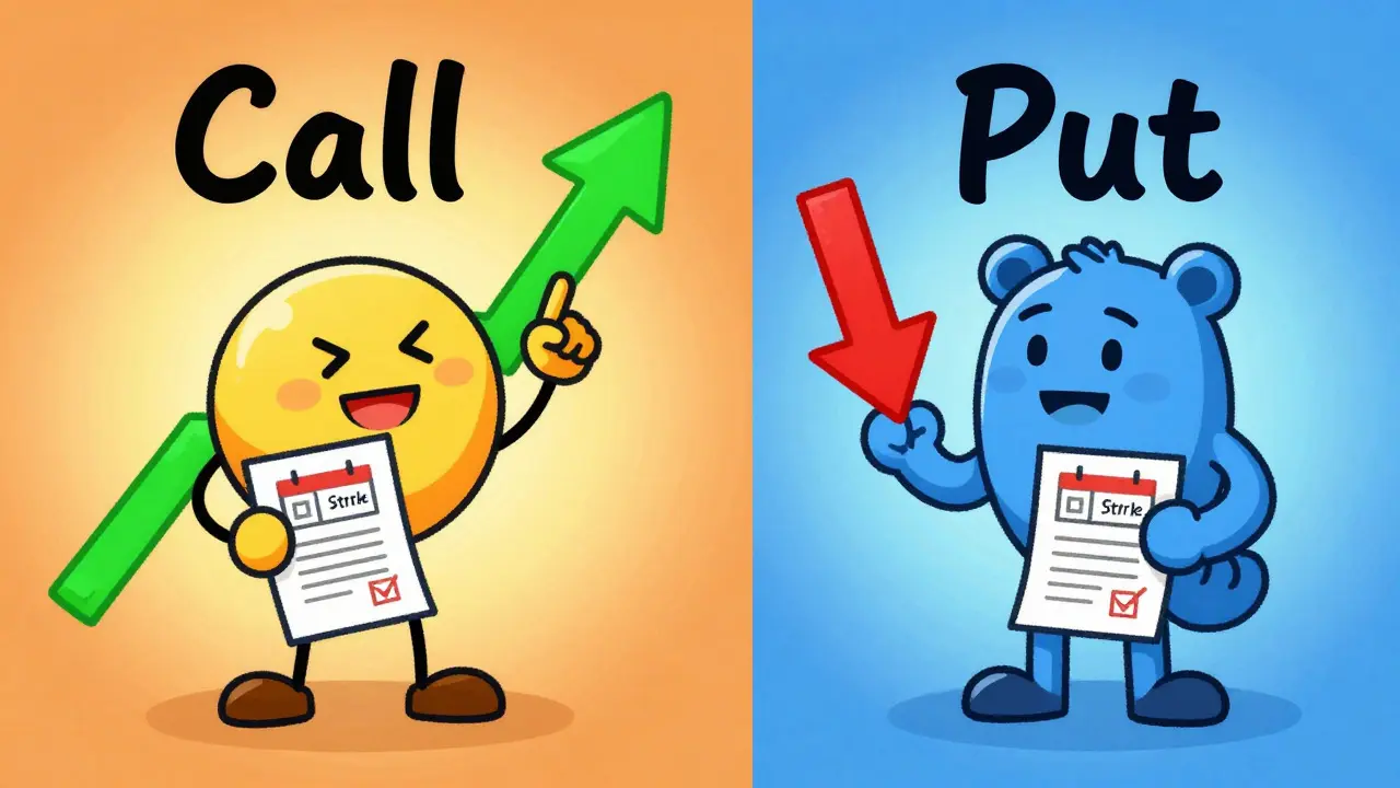 Split view cartoon showing bullish call options vs bearish put options strategies.