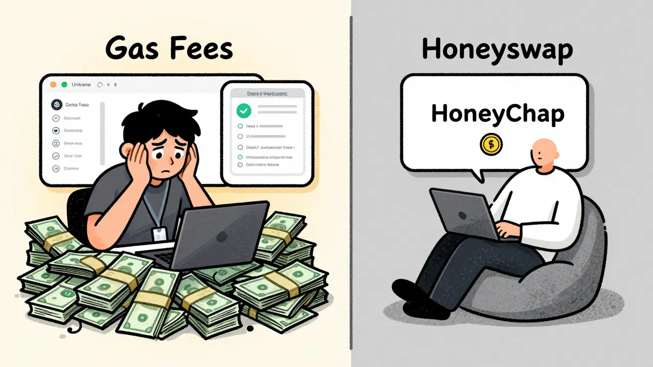 Stressed trader paying high fees vs relaxed user on Honeyswap
