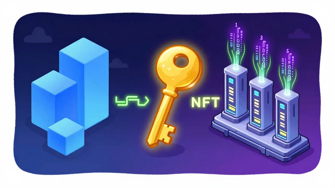 A golden NFT key connecting intellectual property symbols with mining rigs.