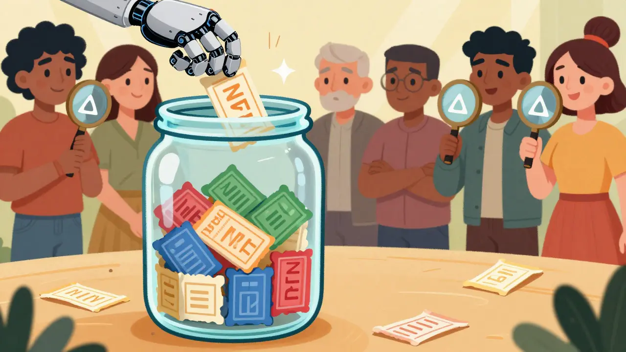 A lucky draw scene with a robot pulling an NFT ticket from a jar safely.