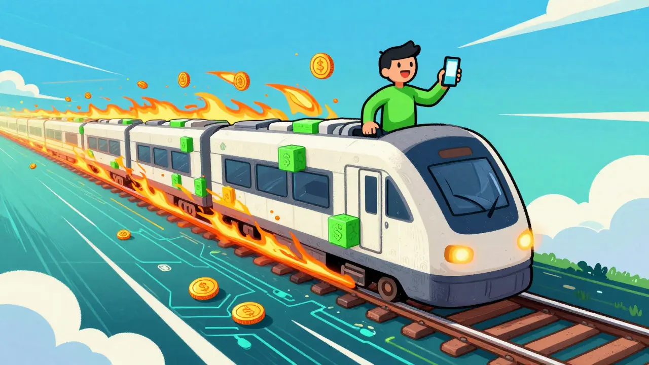 A stylized blockchain train racing along a circuit board track with burning coins trailing behind