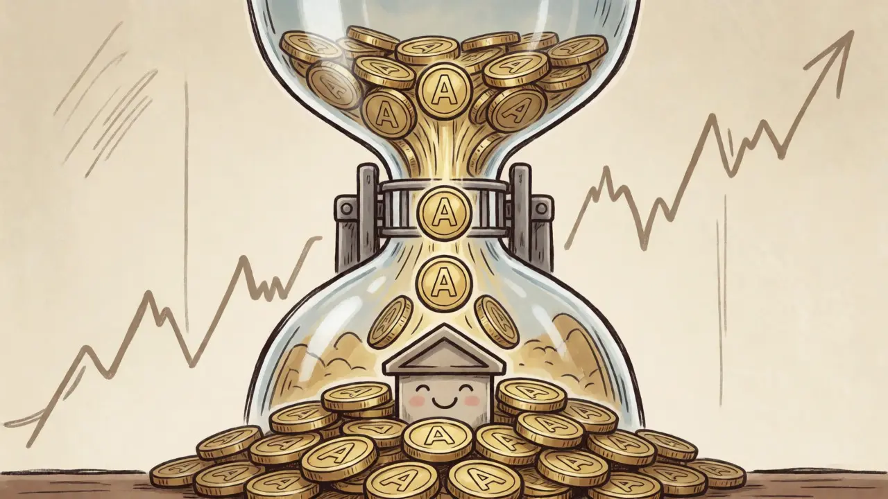 Artistic view of an hourglass halving token supply to create a stable financial foundation.