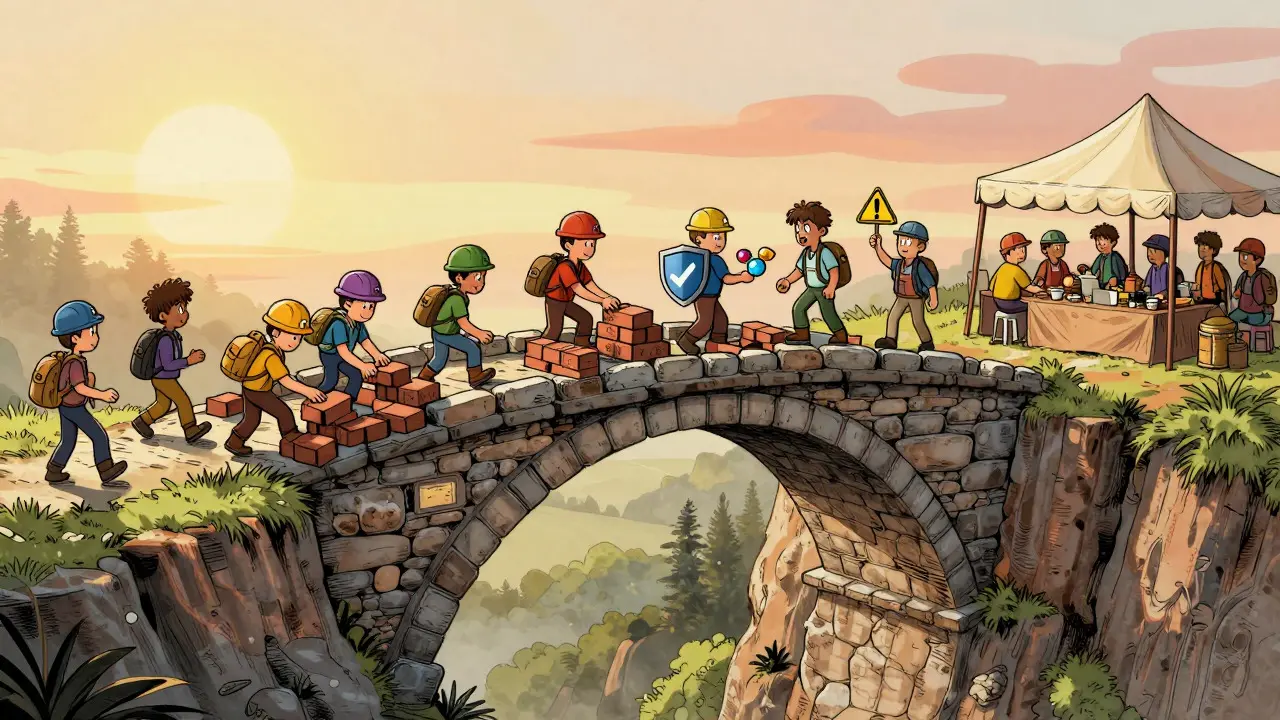 Cartoon characters building a stone bridge leading to a marketplace under a sunset sky
