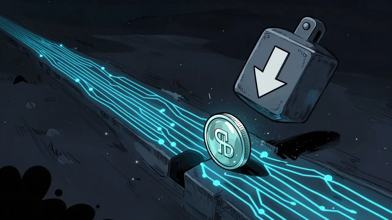 Cartoon depiction of a fragile coin on a narrow blockchain path under pressure from a heavy weight