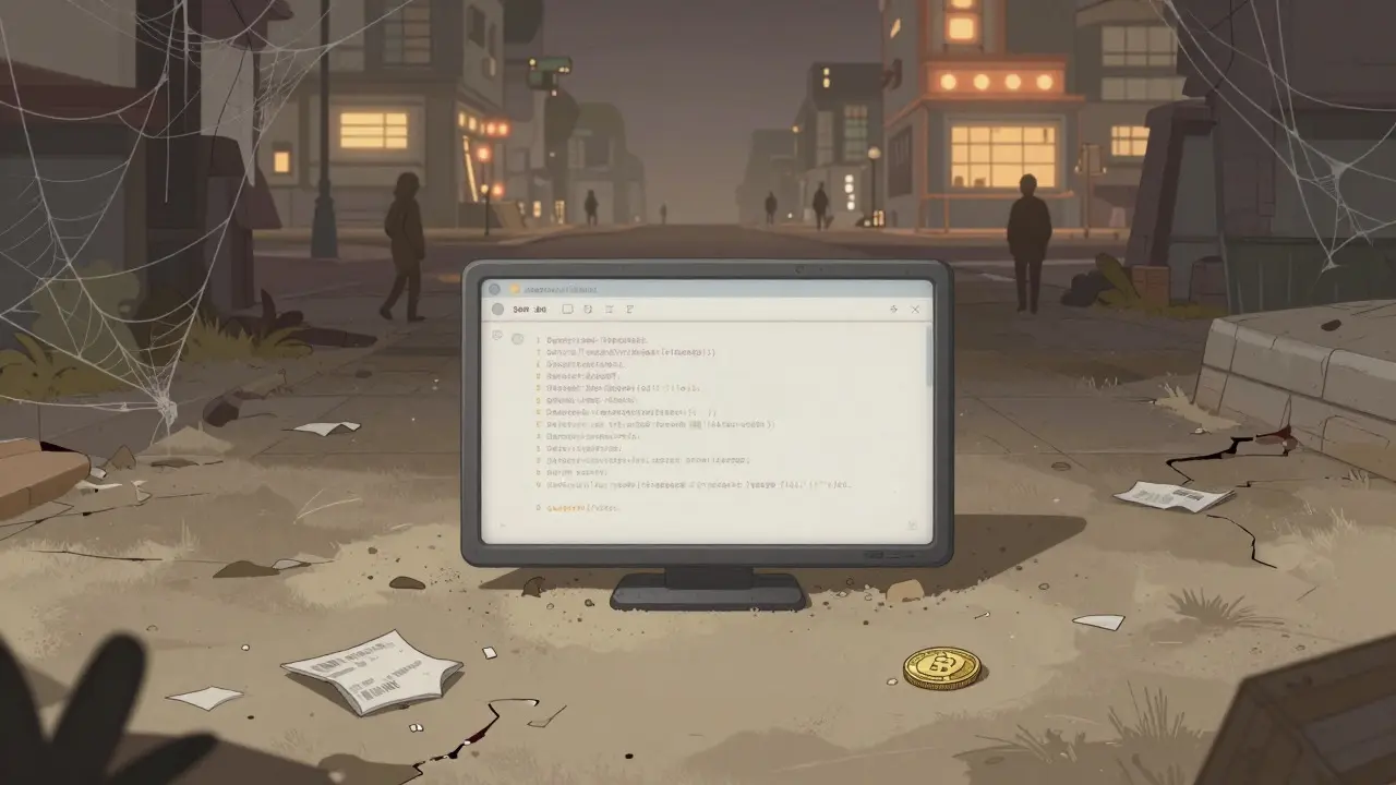 Cartoon depiction of an abandoned, dusty digital exchange interface with no users