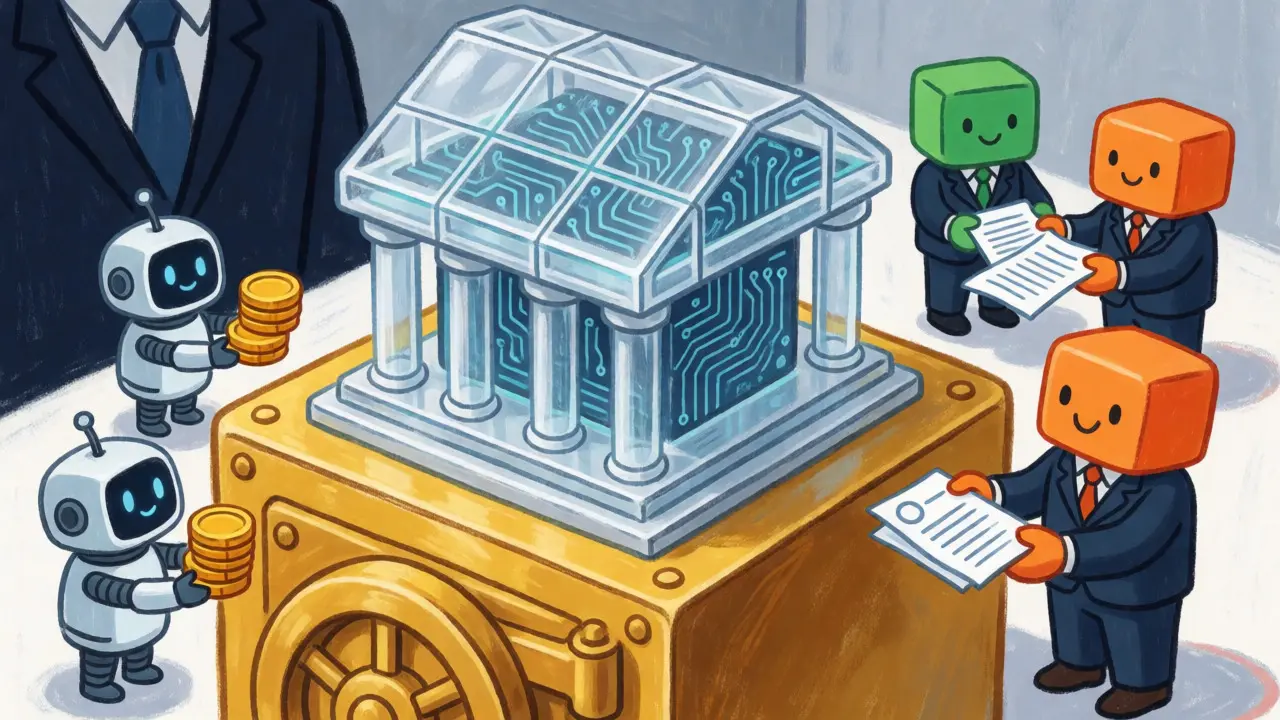 Cartoon depiction of robots using a futuristic blockchain-based bank built on a vault.