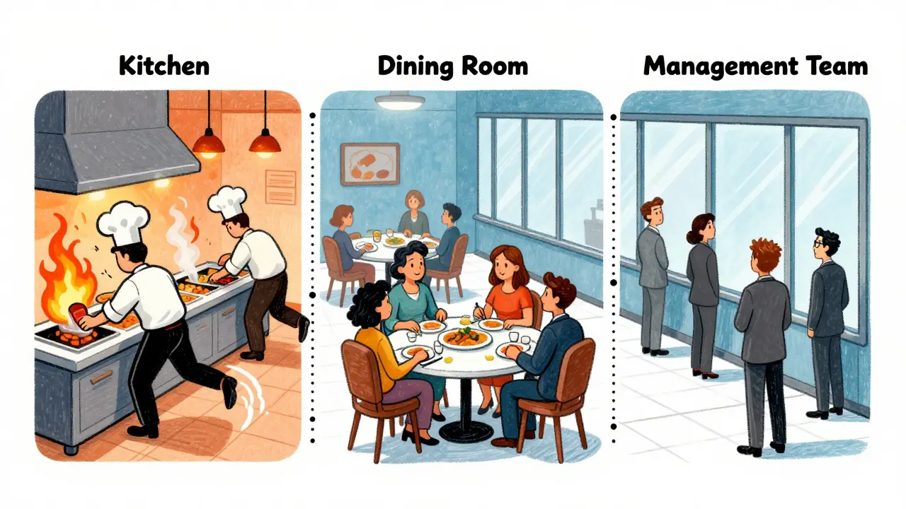 Cartoon diagram showing blockchain layers as a restaurant kitchen, dining room, and management team