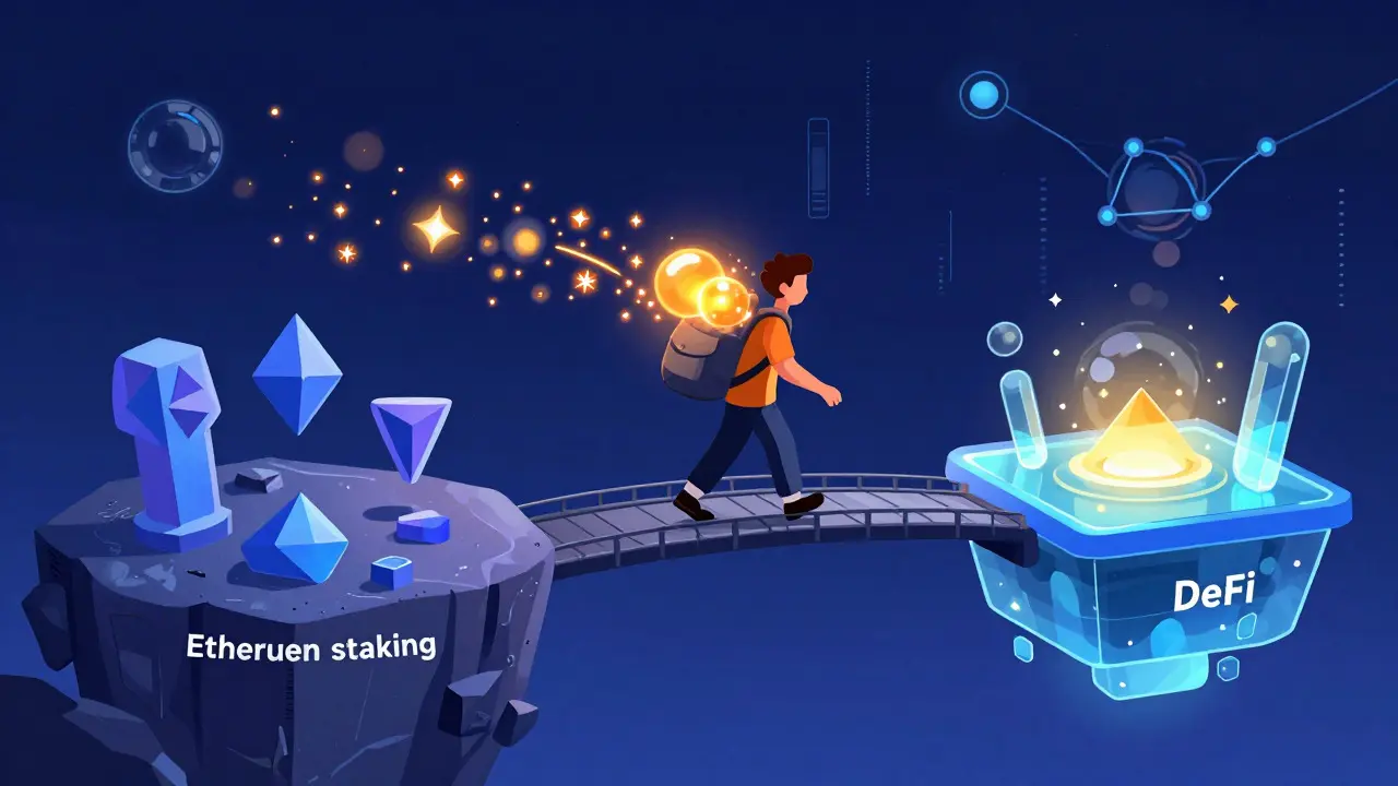 Cartoon of a character crossing a bridge from static staking to dynamic DeFi yields