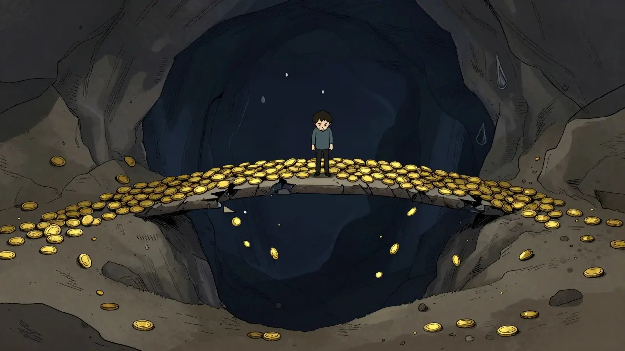 Cartoon of a figure standing on a thin coin bridge over a dark pit, representing low liquidity