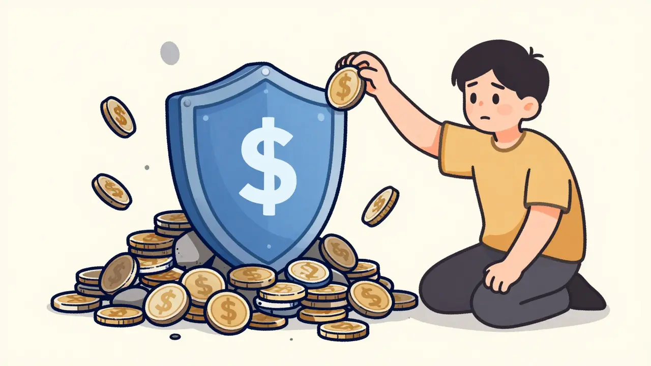 Cartoon showing a person securing crypto assets in a shield