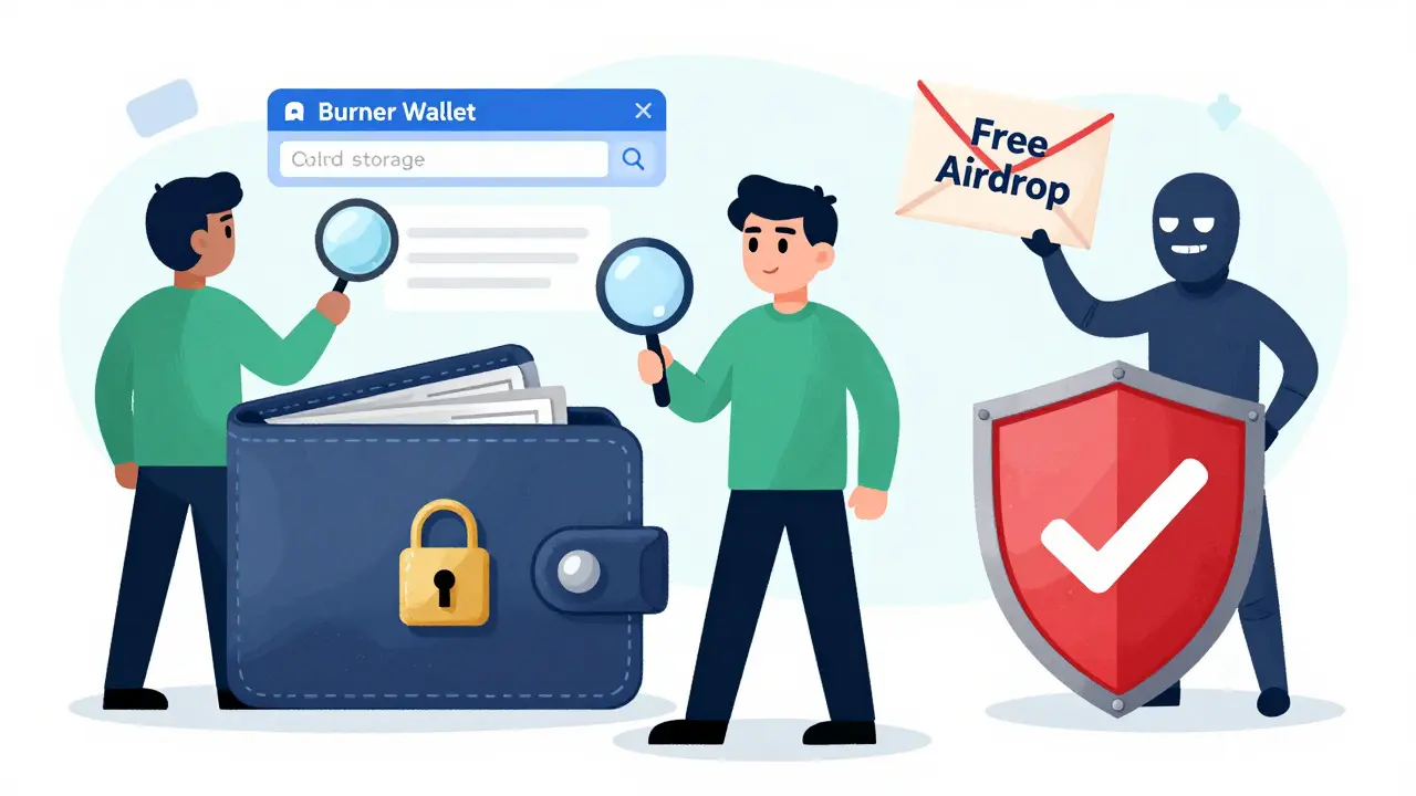 Cartoon showing a user avoiding crypto scams and securing their digital wallet.