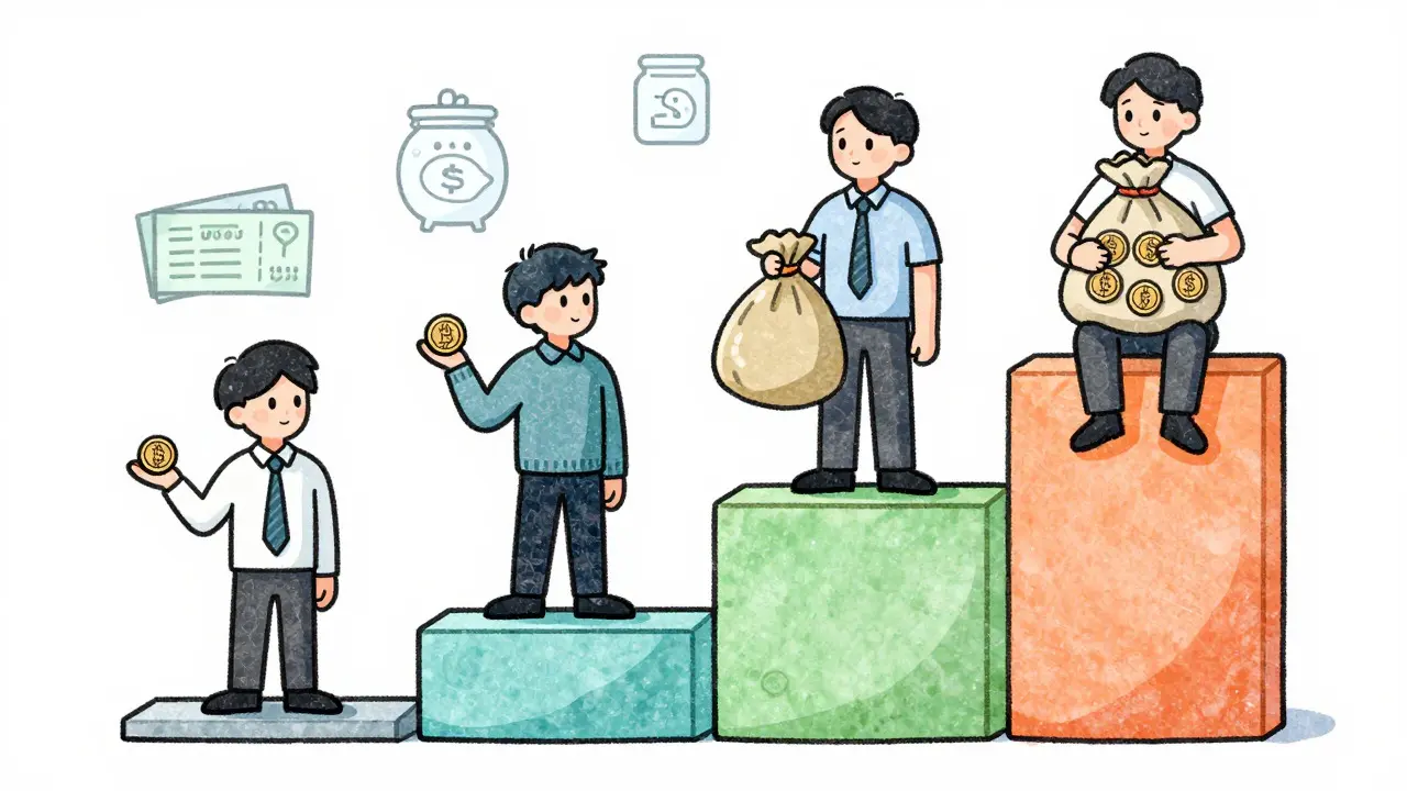Cartoon showing different investors holding varying amounts of crypto based on income.