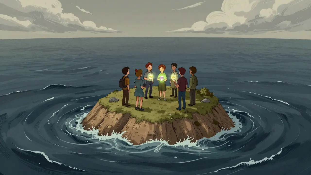 Cartoon showing small crypto island facing risks from larger market competitors