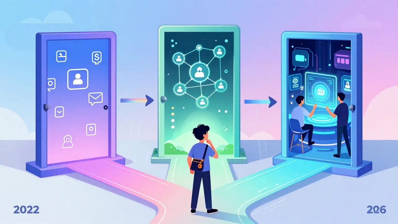 Cartoon showing the evolution of crypto airdrops through three futuristic doors.