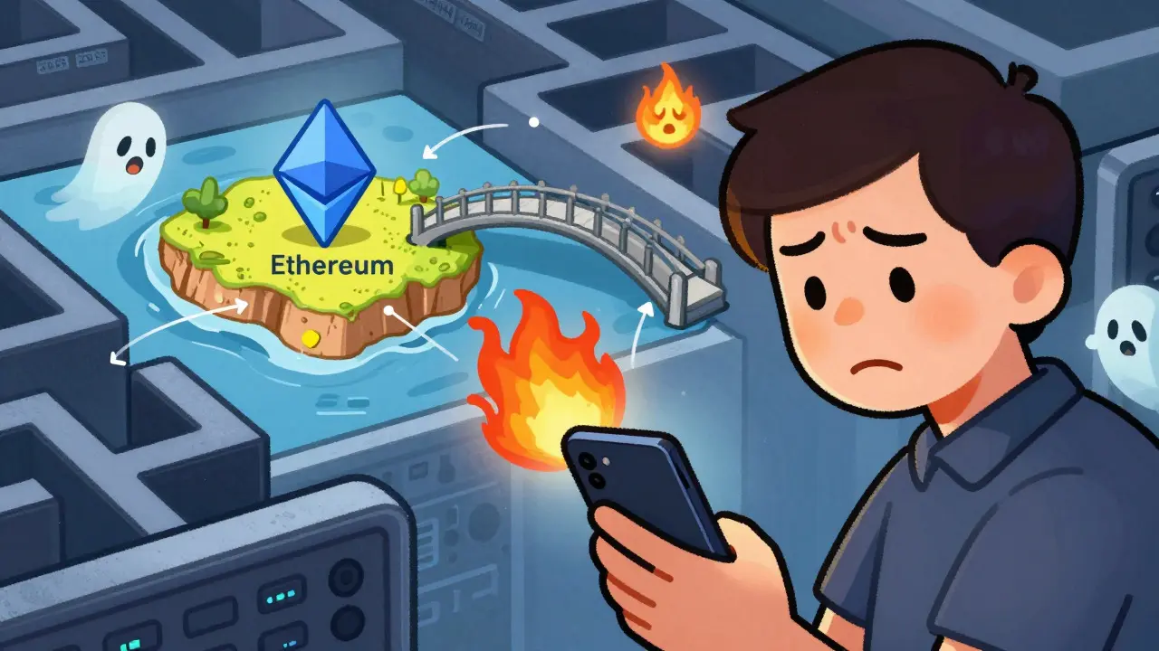 Cartoon user struggling with network switching and gas fee sprites