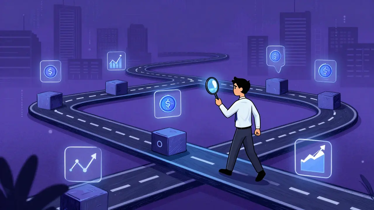 Character analyzing a blockchain path with various token unlock milestones