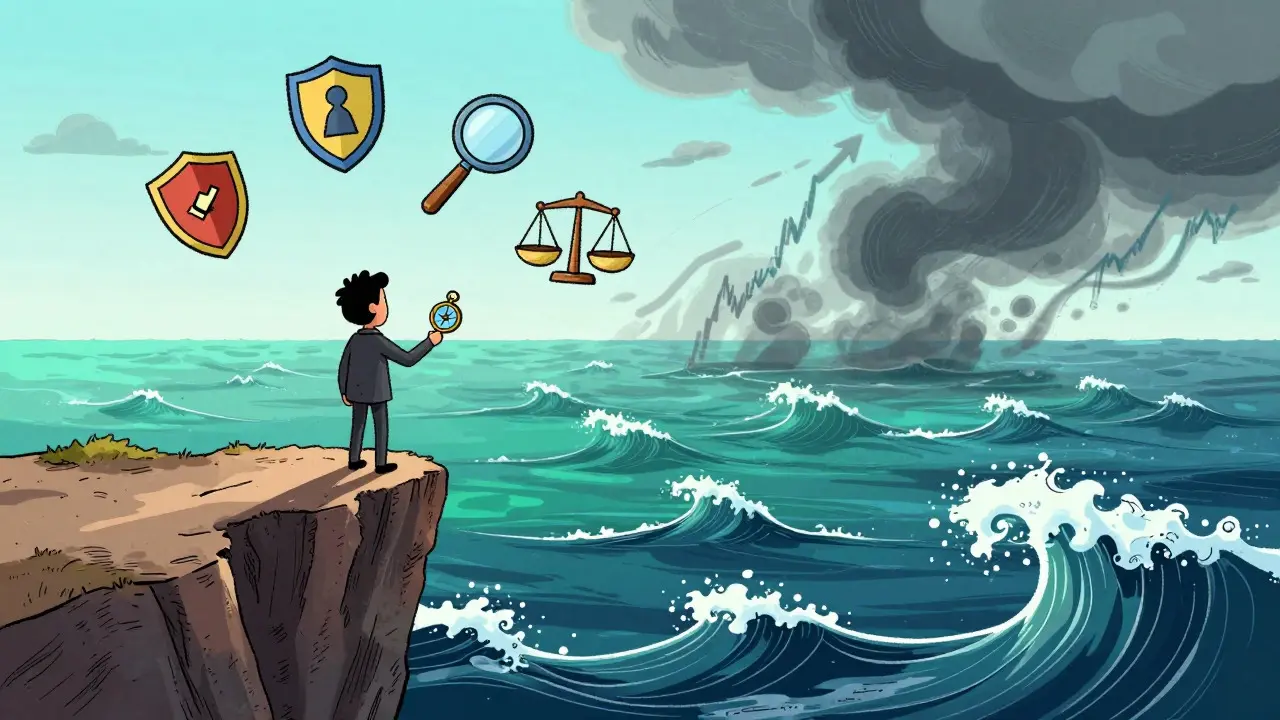 Character assessing market risks on a cliff overlooking turbulent waters