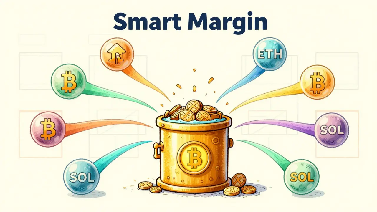 Conceptual art showing unified smart margin connecting multiple crypto asset pools efficiently.
