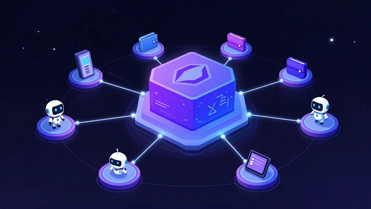Conceptual diagram of Polygon network connecting wallets and merchants