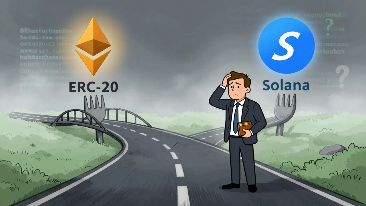 Confused investor choosing between Ethereum and Solana paths