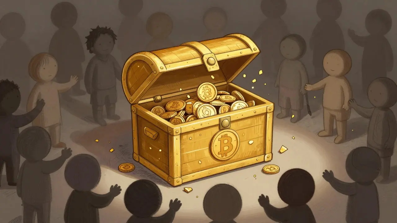Crowd sharing tiny crumbs from a large treasure chest