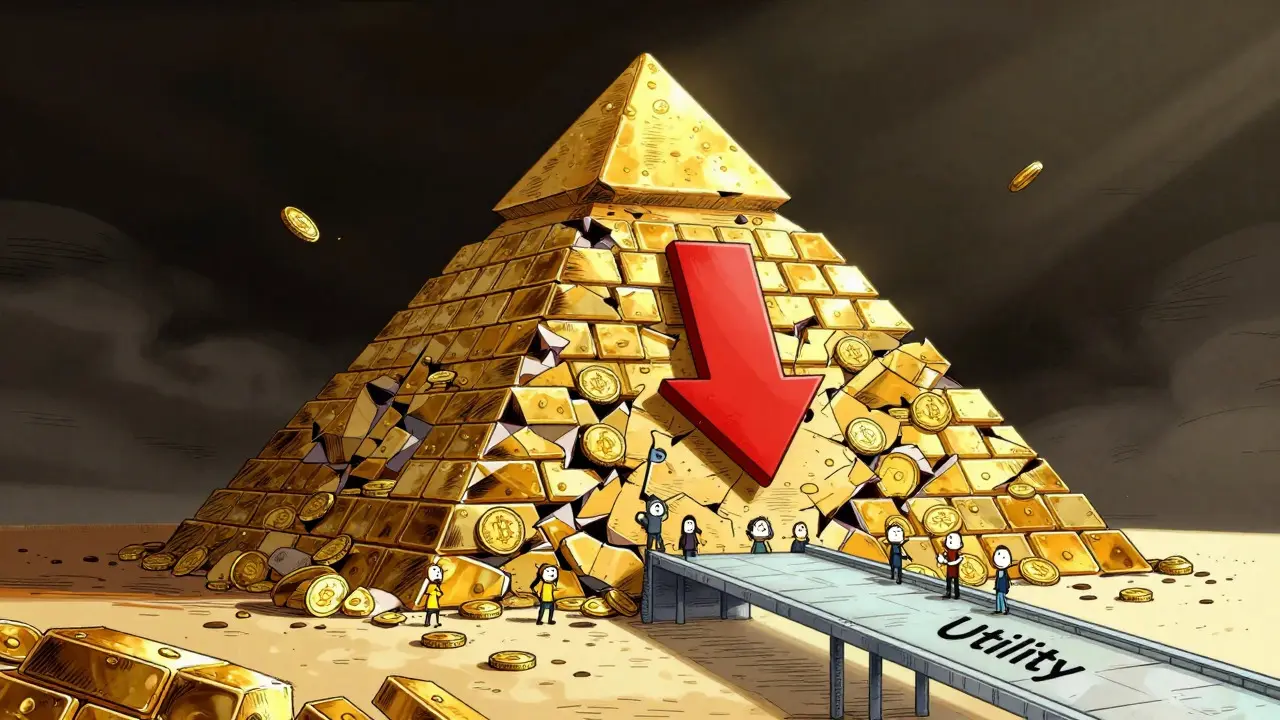 Crumbling speculation pyramid vs sustainable utility bridge illustration