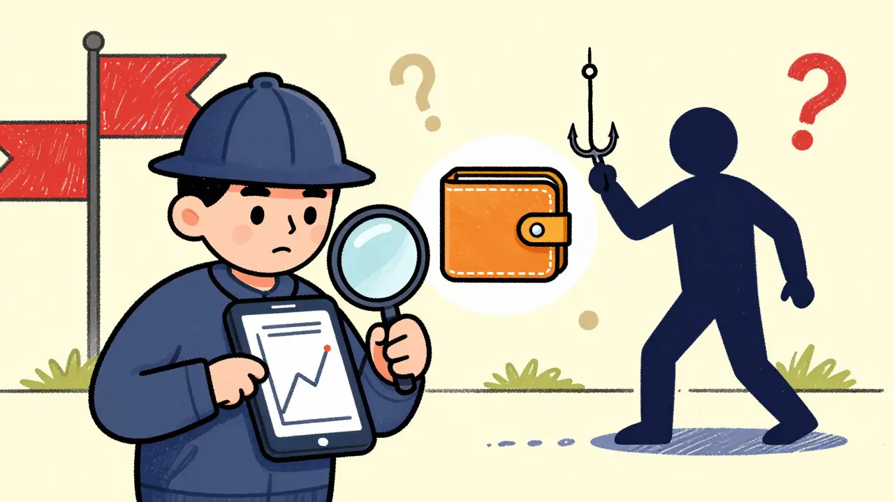 Detective inspecting a zero-value crypto graph with a magnifying glass