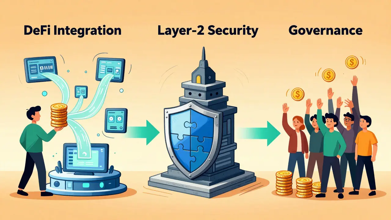 Digital art showing three connected scenes: token streams, a protective shield, and characters voting based on stake size