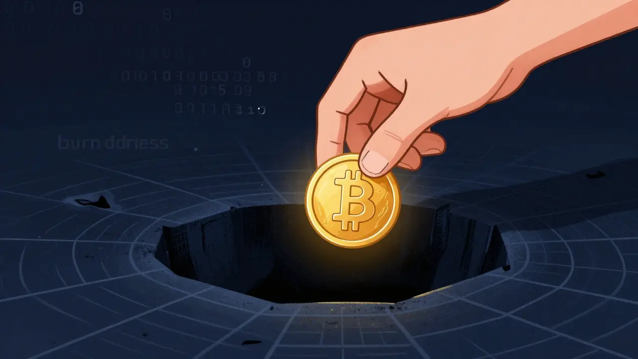 Digital coin dropping into a dark abyss representing a burn address