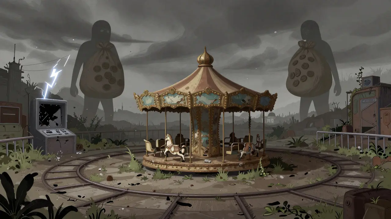 Drawing of a rusty, abandoned carousel in a dark landscape, symbolizing a dead gaming platform
