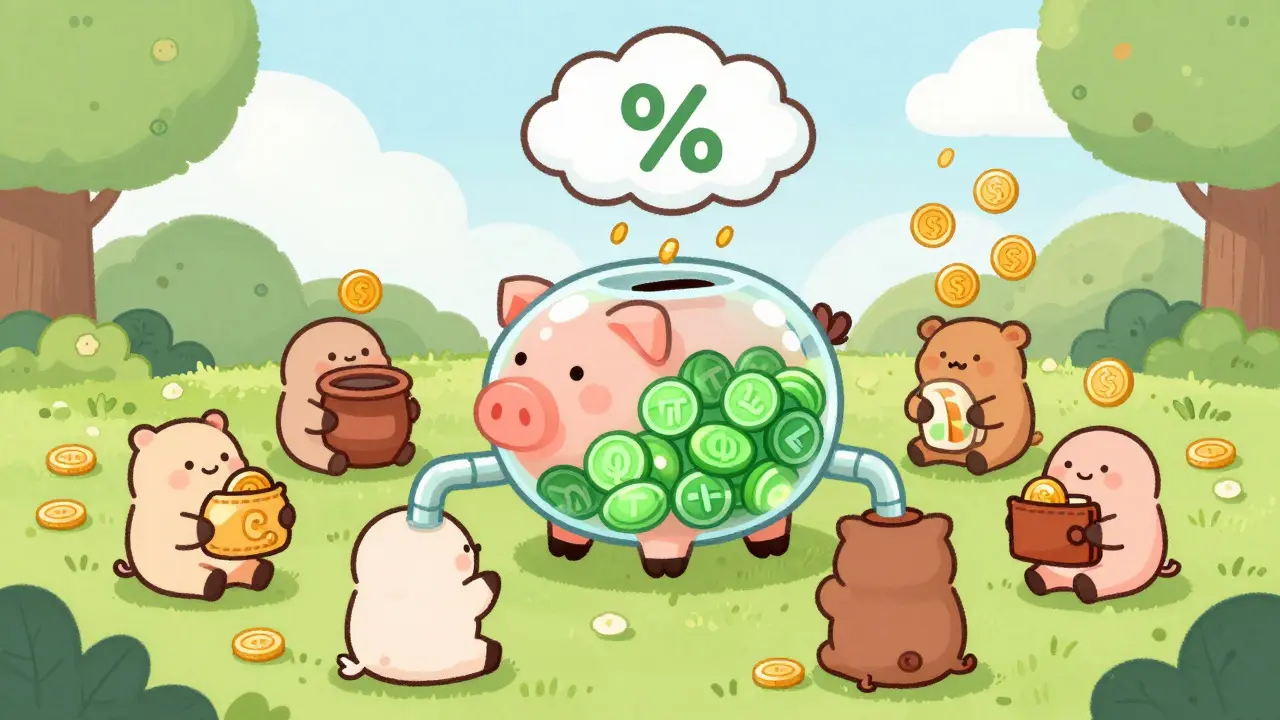 Glass piggy bank distributing coins to cartoon figures in a whimsical garden