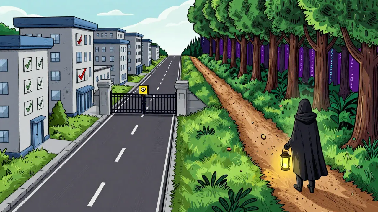 Hand-drawn art depicting the choice between regulated compliance and private self-custody.