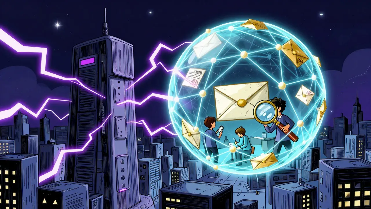 Hand-drawn art of a quantum computer threatening a city protected by a cryptographic shield