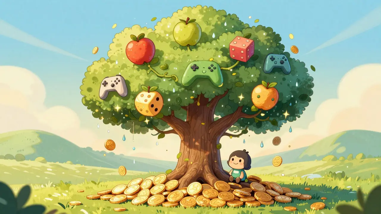Hand-drawn image of a money tree with game controller fruits under gentle rain