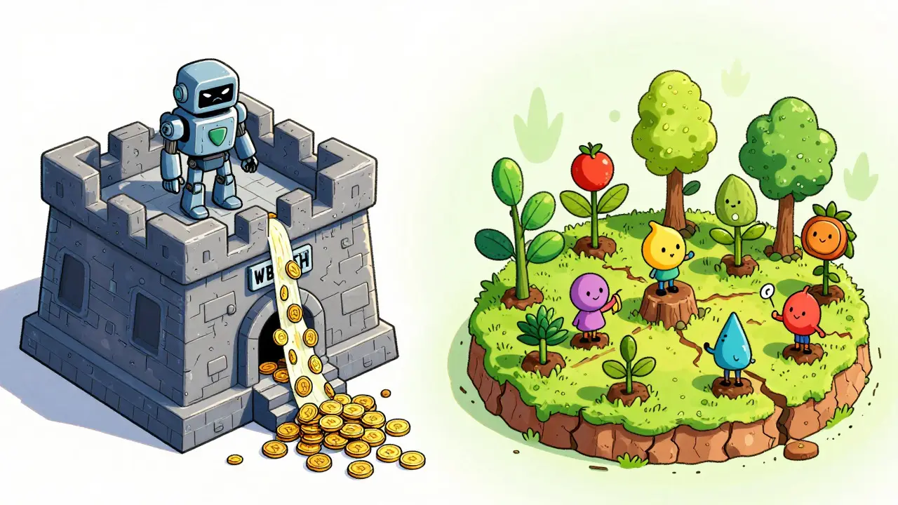Illustration comparing a centralized fortress with a decentralized garden of validator nodes