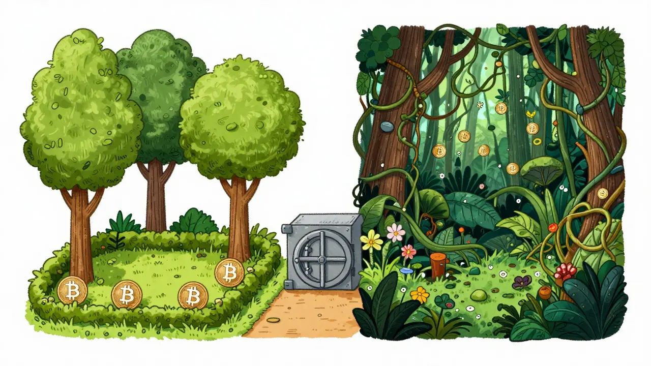 Illustration comparing a curated crypto garden to a wild altcoin jungle