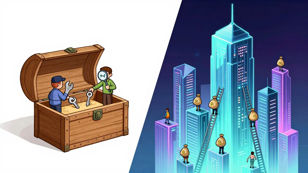 Illustration comparing simple 2021 airdrop chest with complex modern towers
