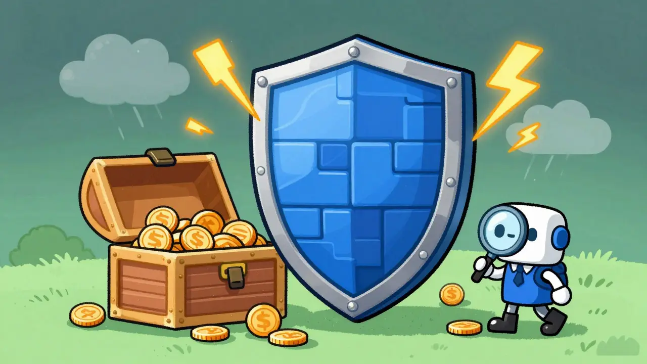 Illustration of a blockchain shield protecting assets from market volatility and security risks.